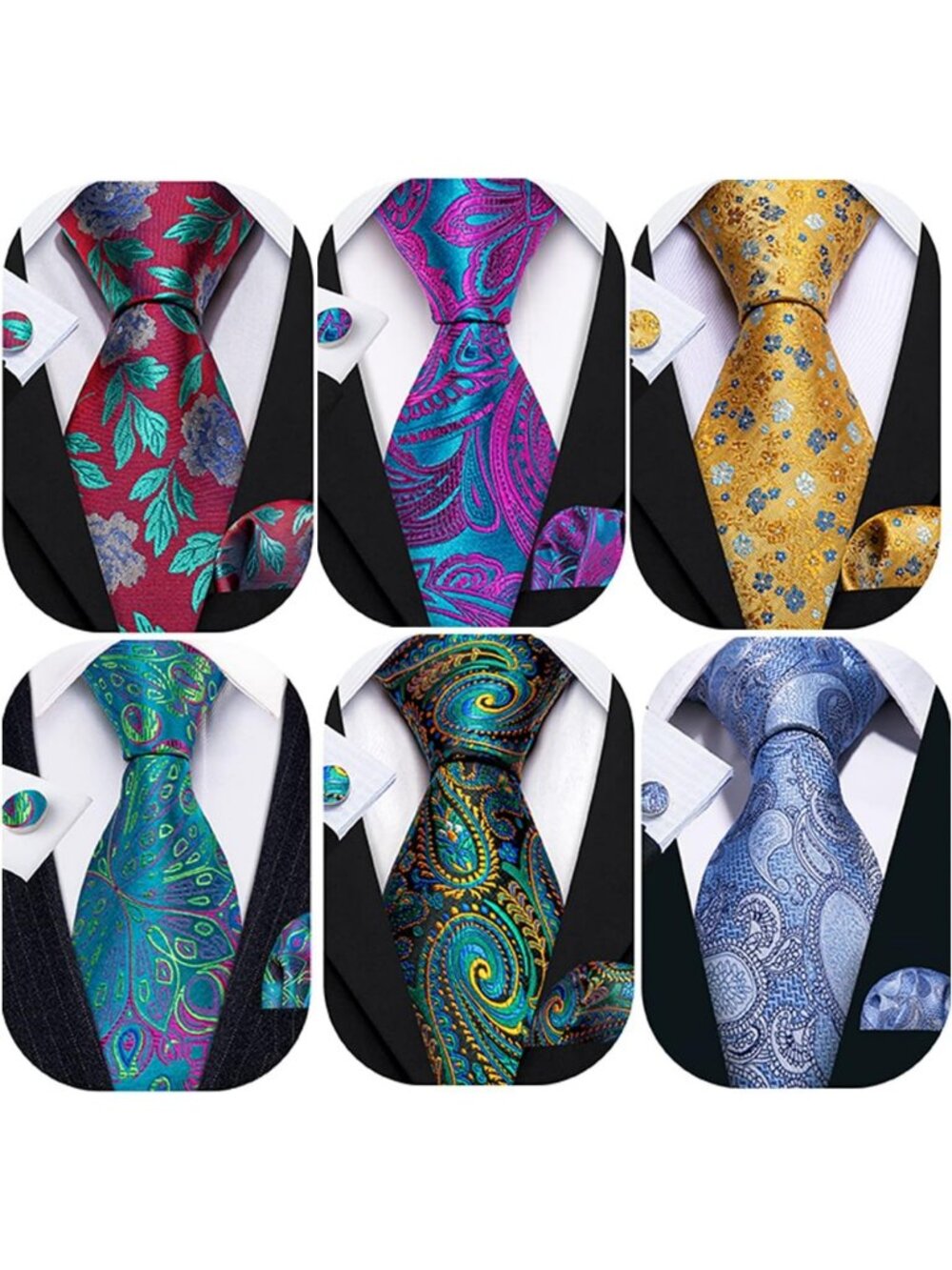 6 PCS Men's Silk Tie Set - Woven Neckties, Handkerchief & Cufflinks for Wedding